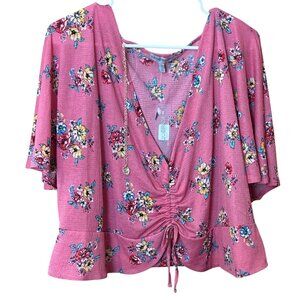 Inspired Hearts Floral Pink Blouse 2X With Ruched Drawstring Front & Gold Pendan